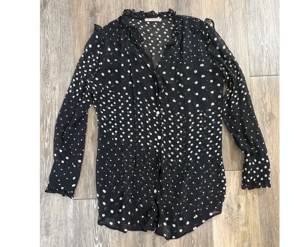 Banjanan Womens Black Polka Dot Sheer Blouse Top Ruffle Boho Size M/L